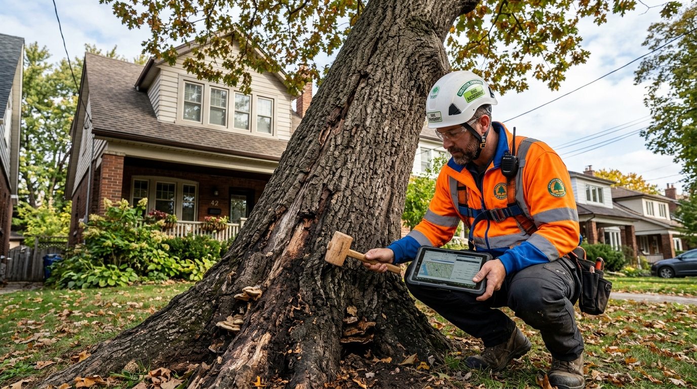 Arborist inspecting hillside root structure and tree lean in Haler Heights