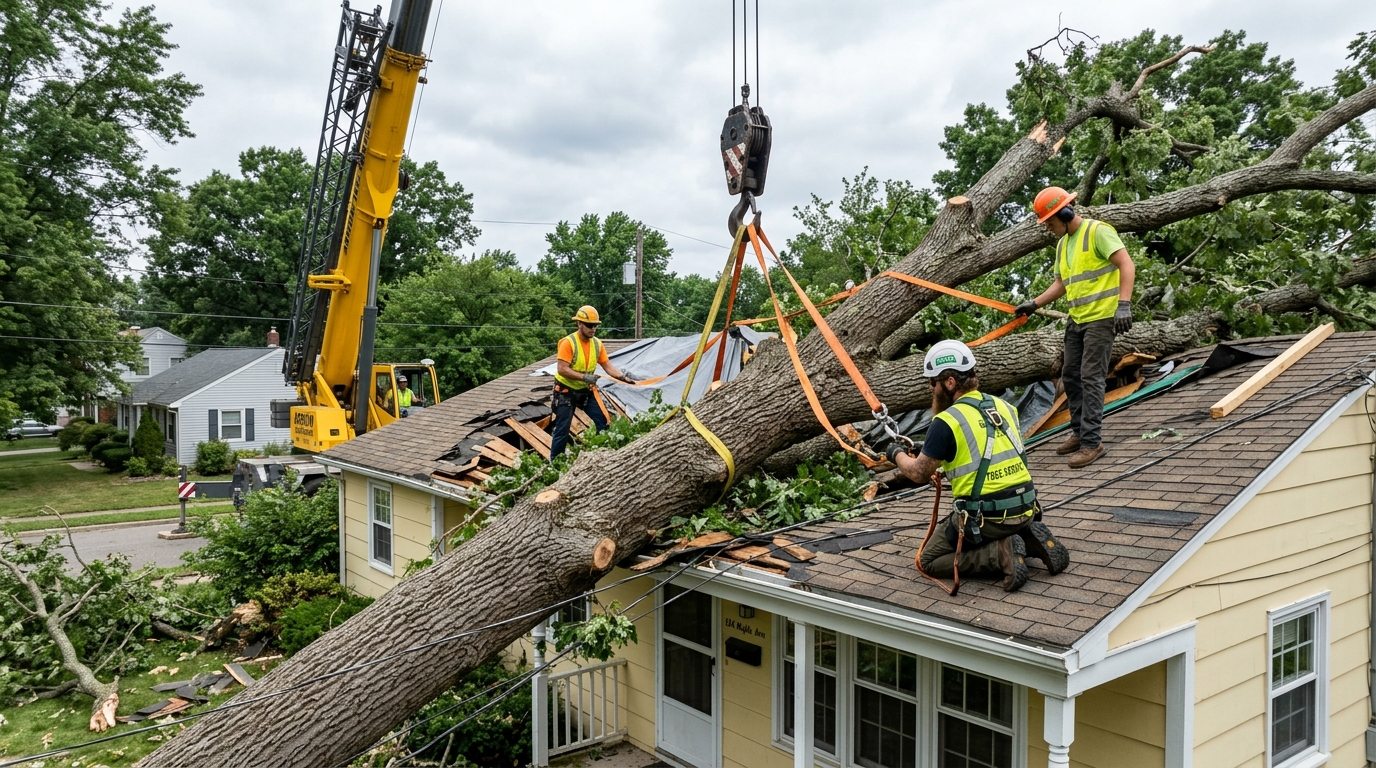 Fallen oak tree resting on residential roof undergoing emergency crane rigging
