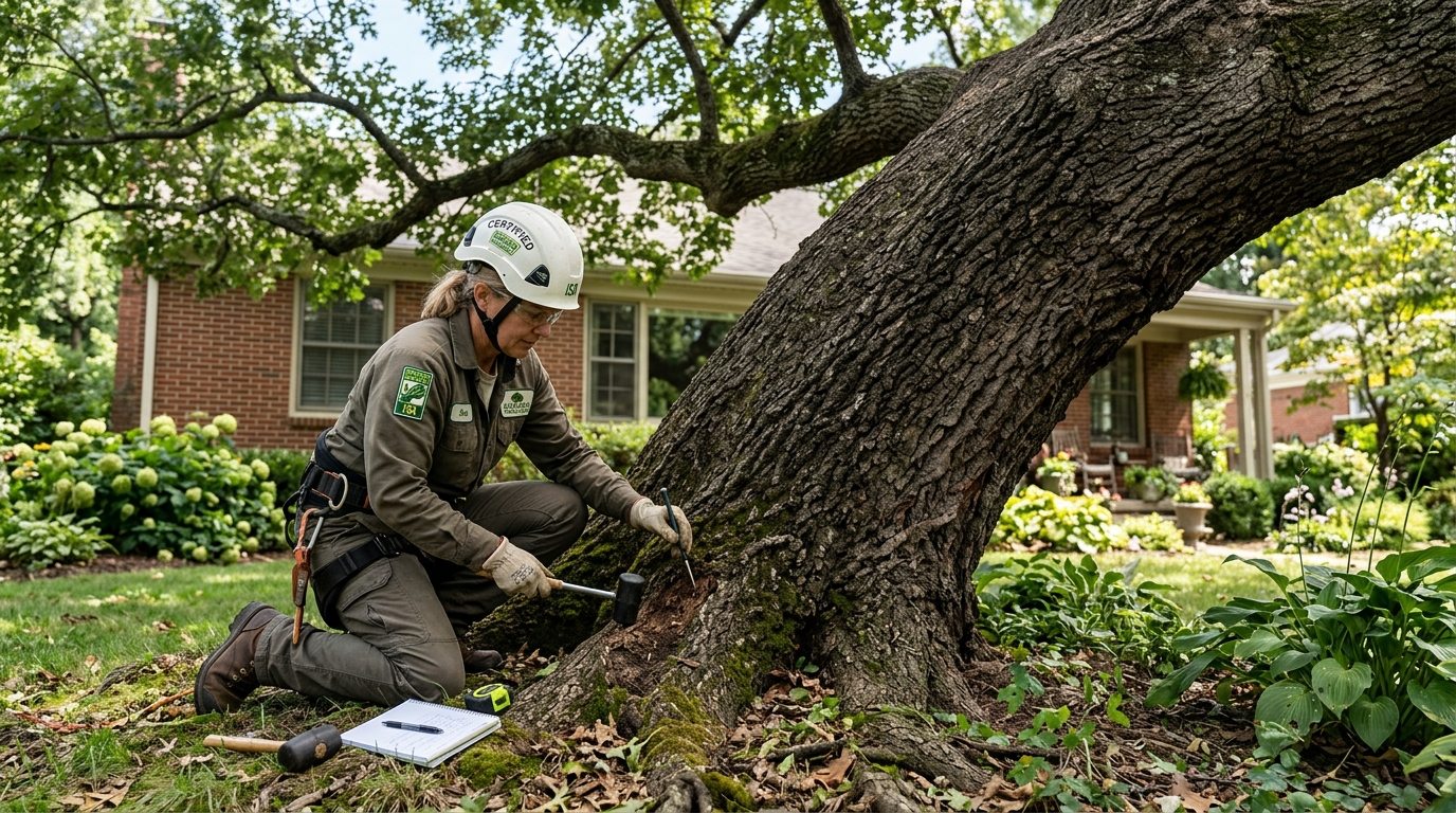 Certified arborist inspecting severe root flare rot and lean on a mature tree