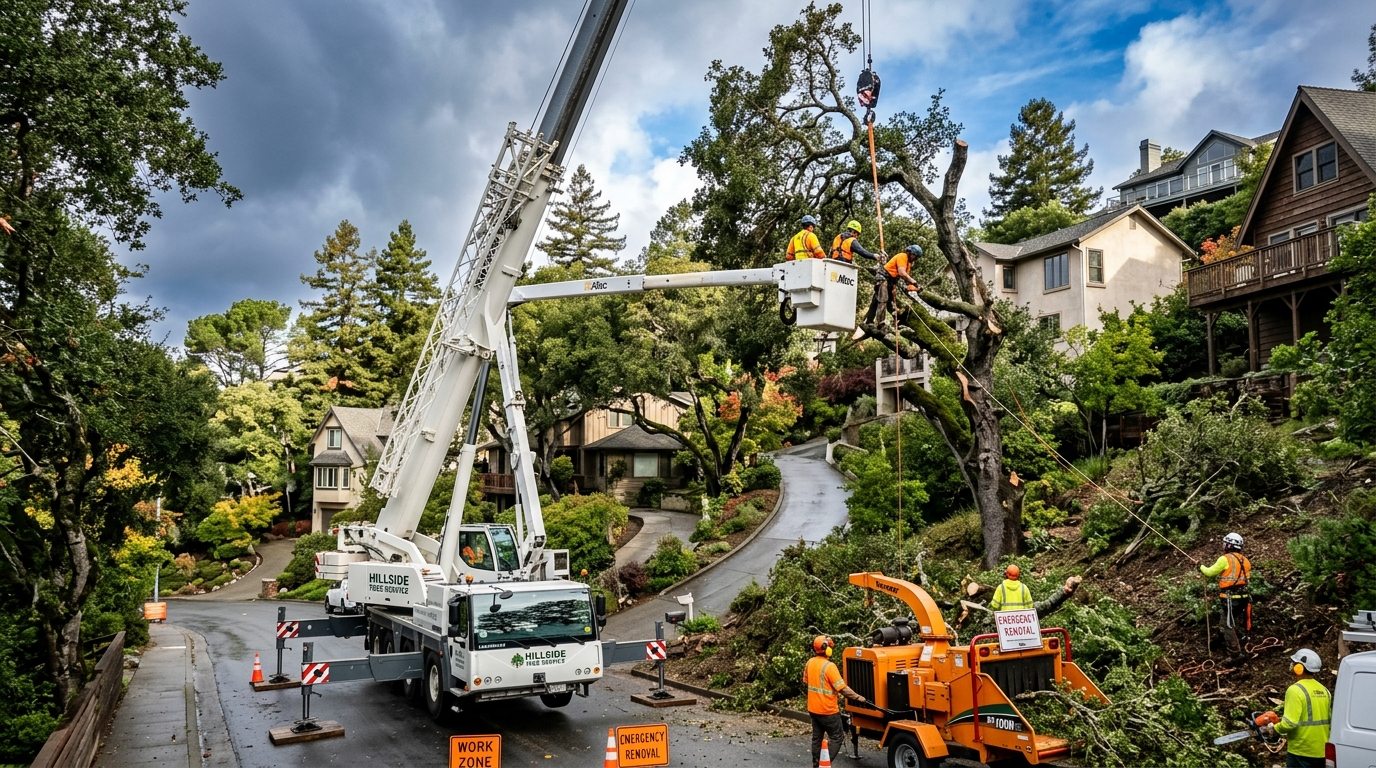 Tree removal crane operating along residential boundary lines