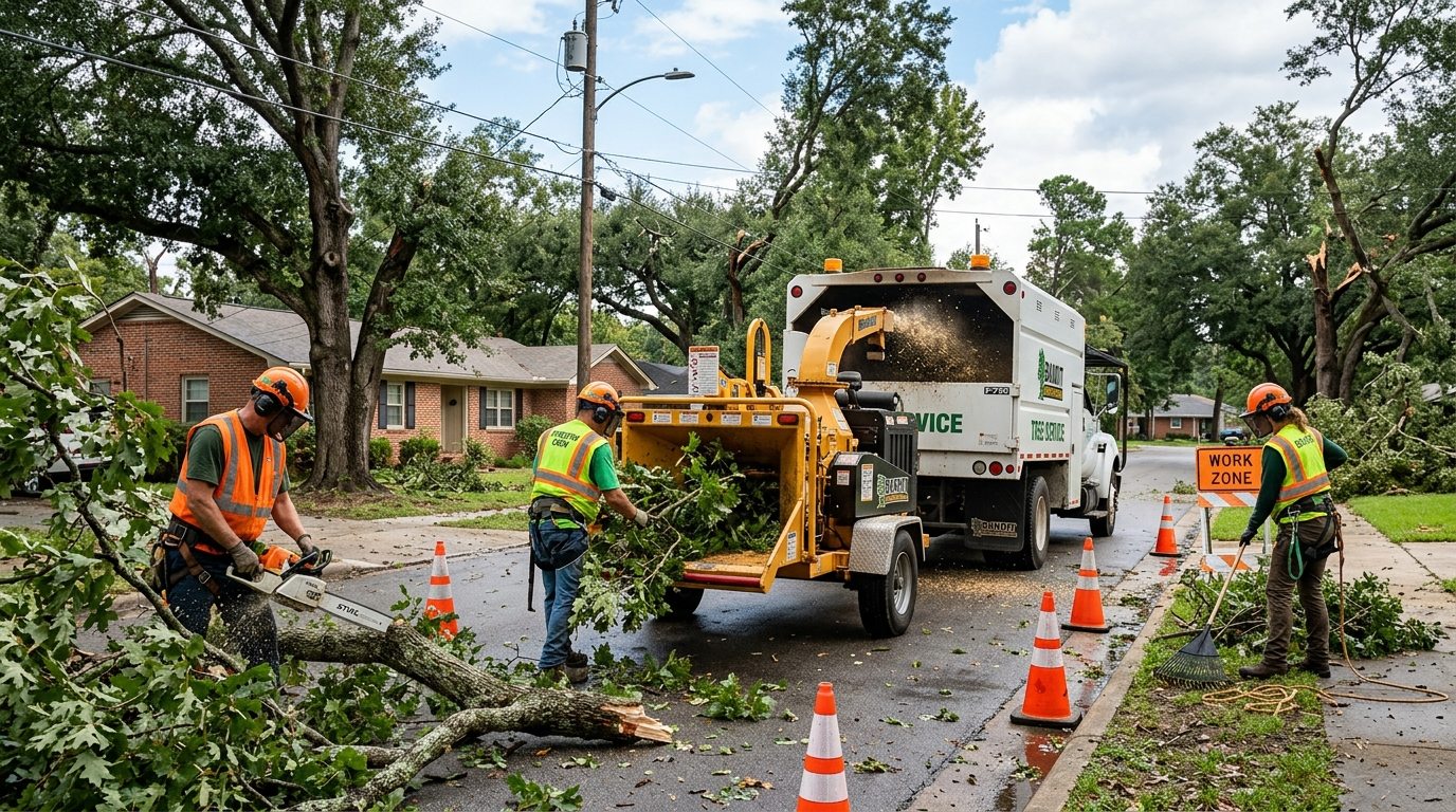 Commercial wood chipper and arborist crew clearing storm damaged limbs from street