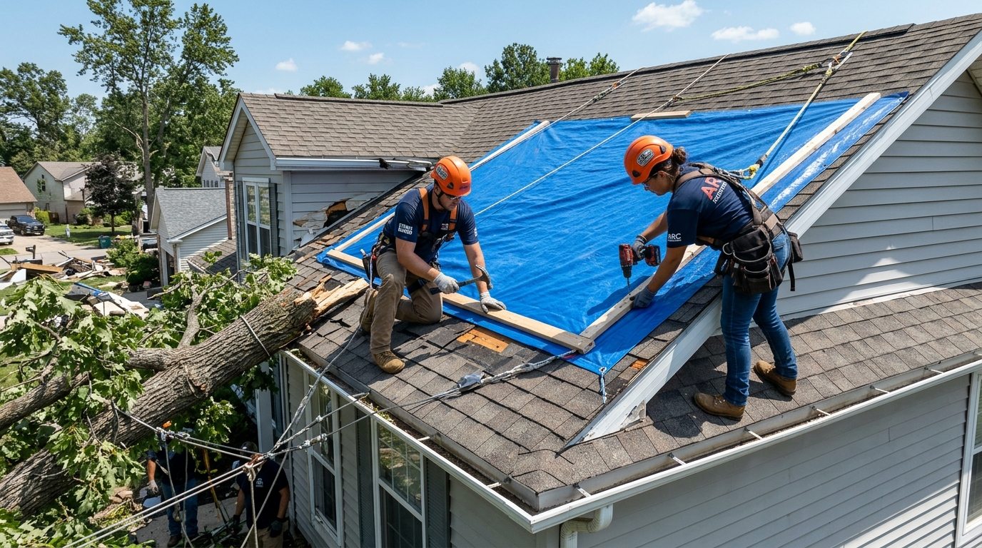 Emergency roof tarping and weatherproofing installation